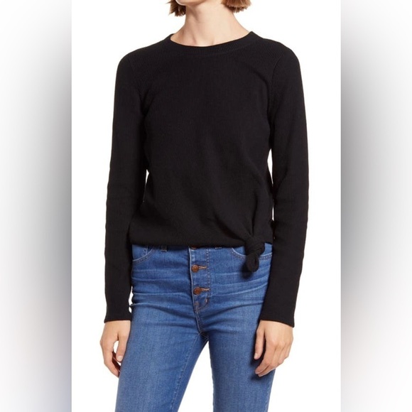 Madewell Texture & Thread Ribbed Jacquard Knot Front Top in Black Large - Picture 1 of 12